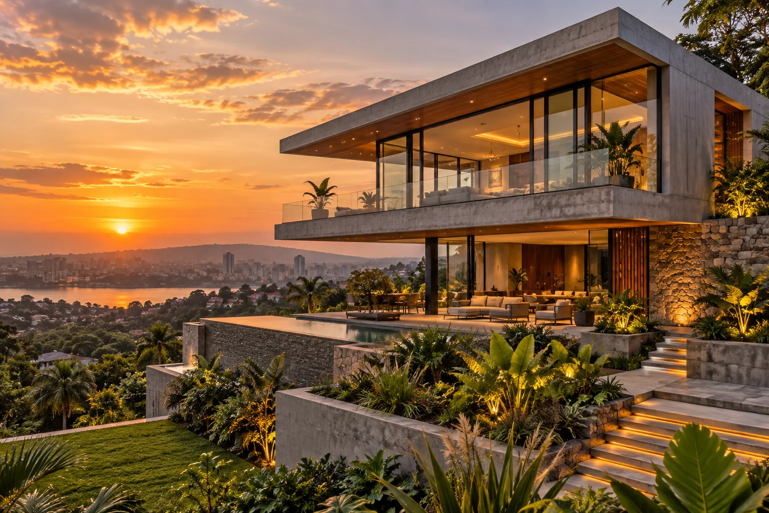 A confident architectural form, framed by natural light and tropical planting.