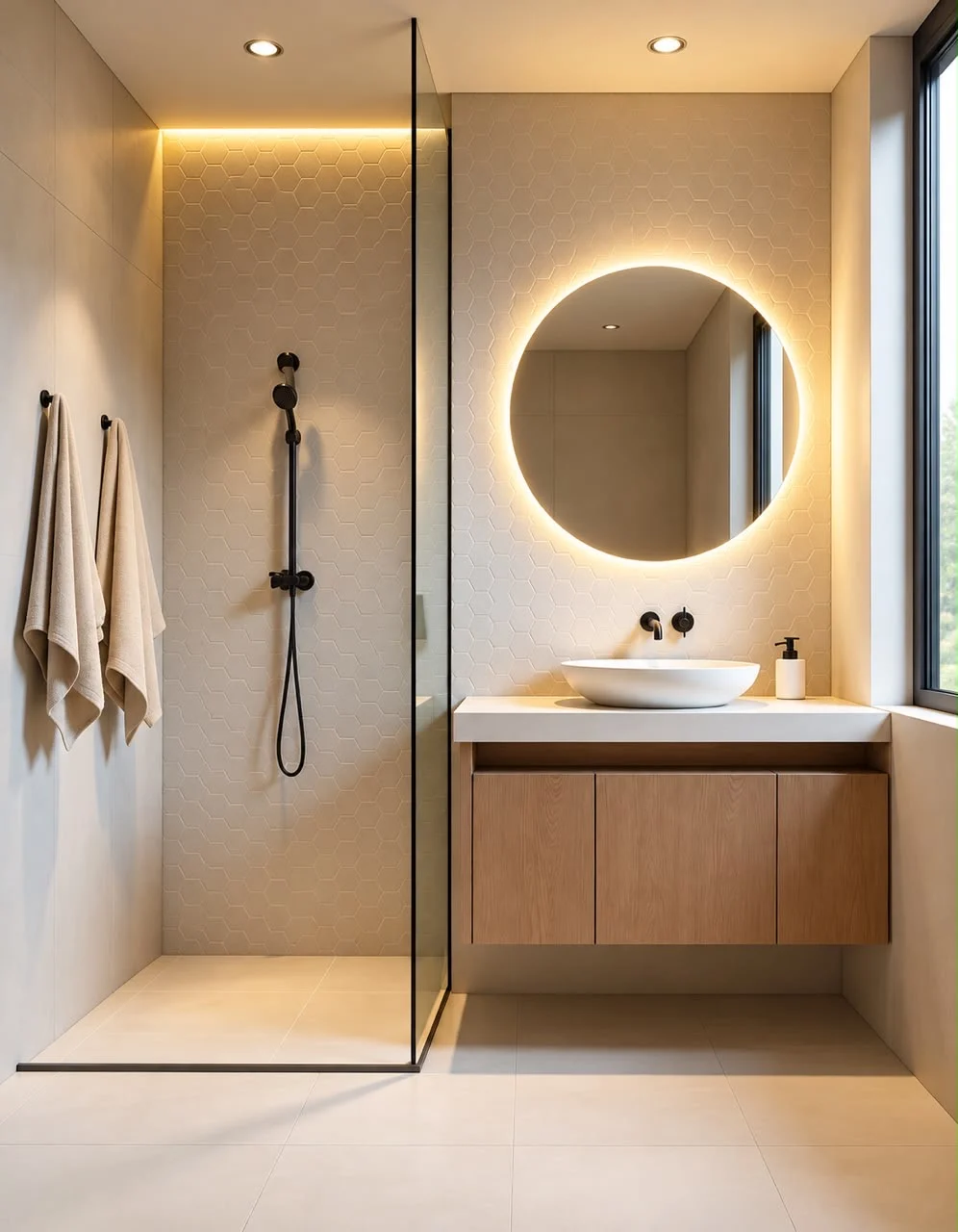 A bathroom interior with a fitted vanity, mirror lighting and shower detailing.