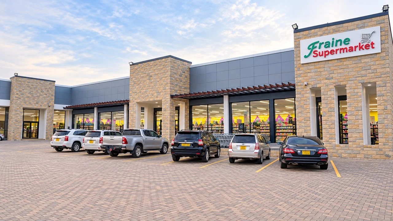 Stone accents, glazed shopfronts and a paved forecourt in a commercial design visual.