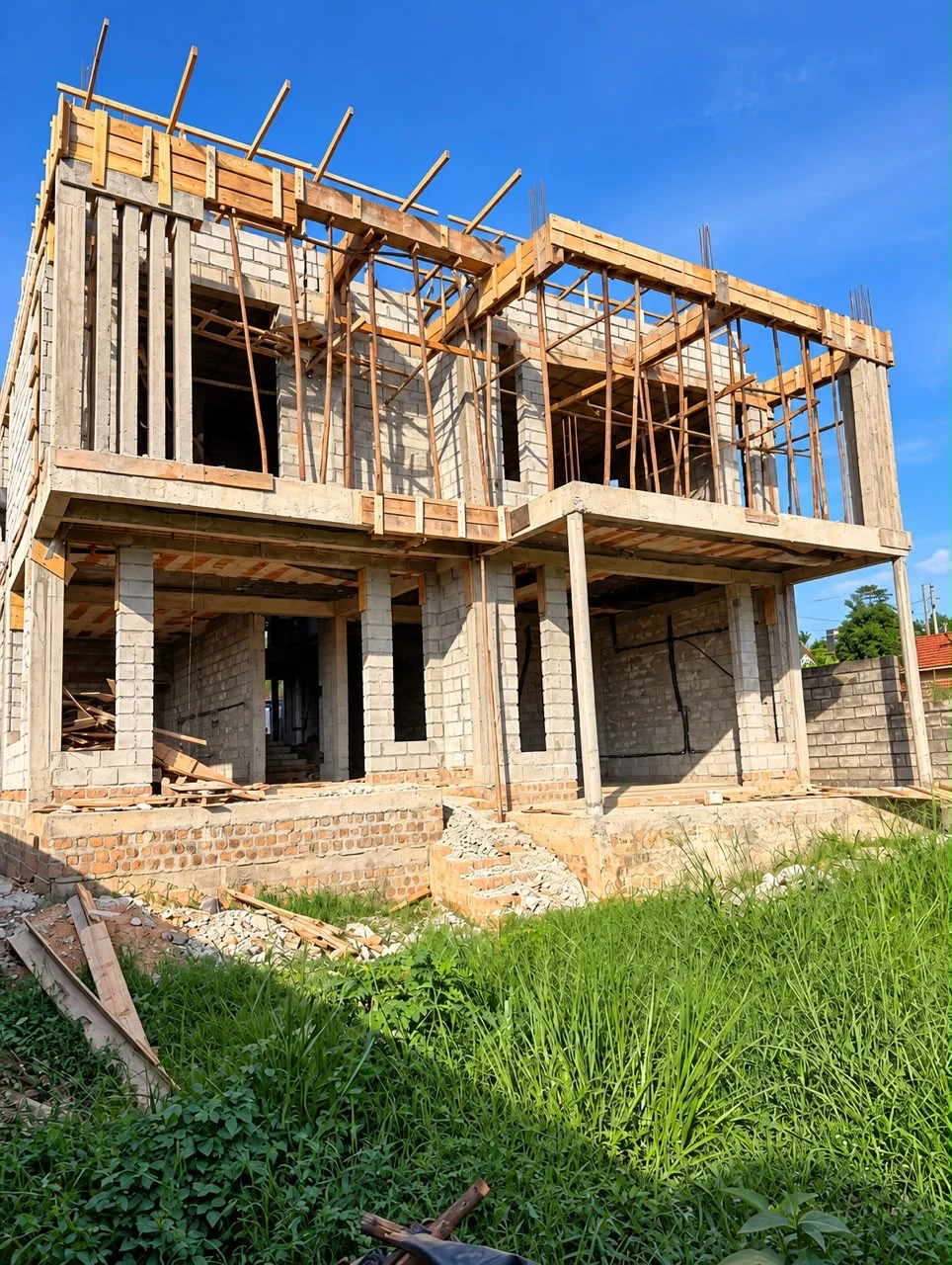A residential concrete frame with formwork and temporary supports in place.
