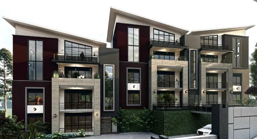 A architectural visual exploring terraces, glazing and a stepped residential form.