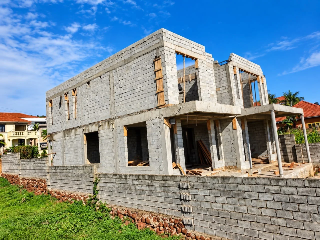 A building shell with blockwork, concrete framing and openings taking shape.