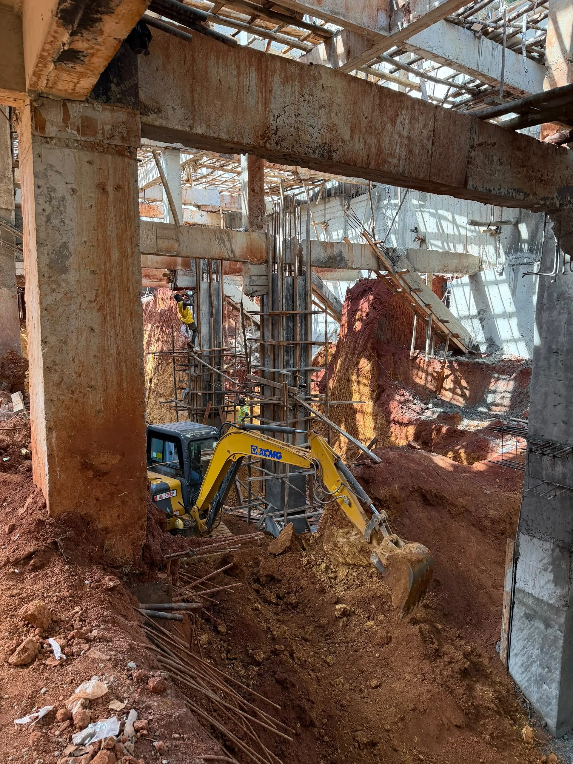 Internal site works with exposed structural elements and temporary supports.