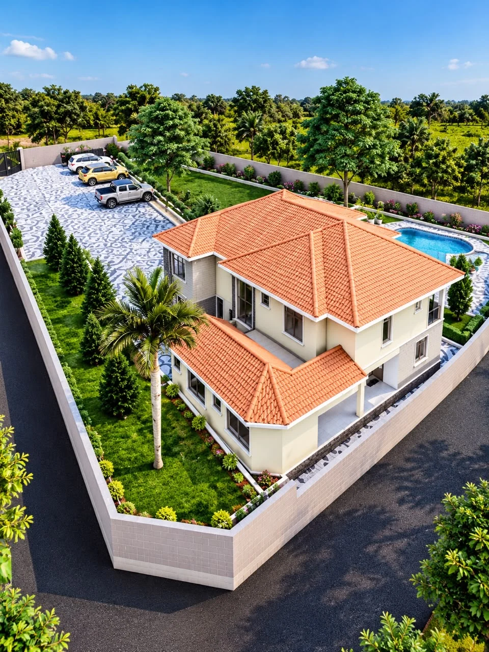 A property visual showing a tiled roof, boundary treatment and outdoor circulation.